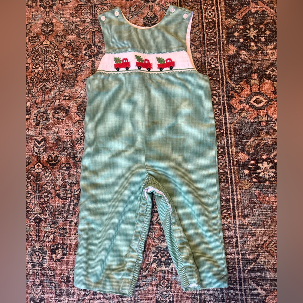 Petit Bebe Smocked Red Truck Christmas Longall 18M Green Gingham
